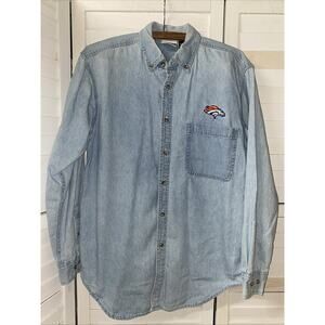 90s Denver Broncos Denim Shirt Light Wash Long Sleeve Embroidered Logo Small